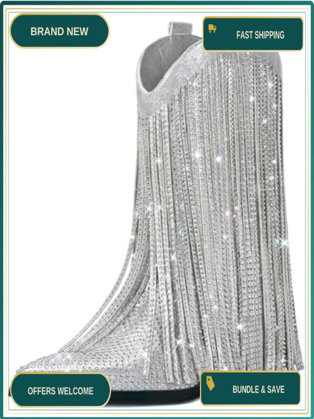 Faux Leather Fringe Cowgirl Boots with Rhinestones Pointed Toe Chunky Heel